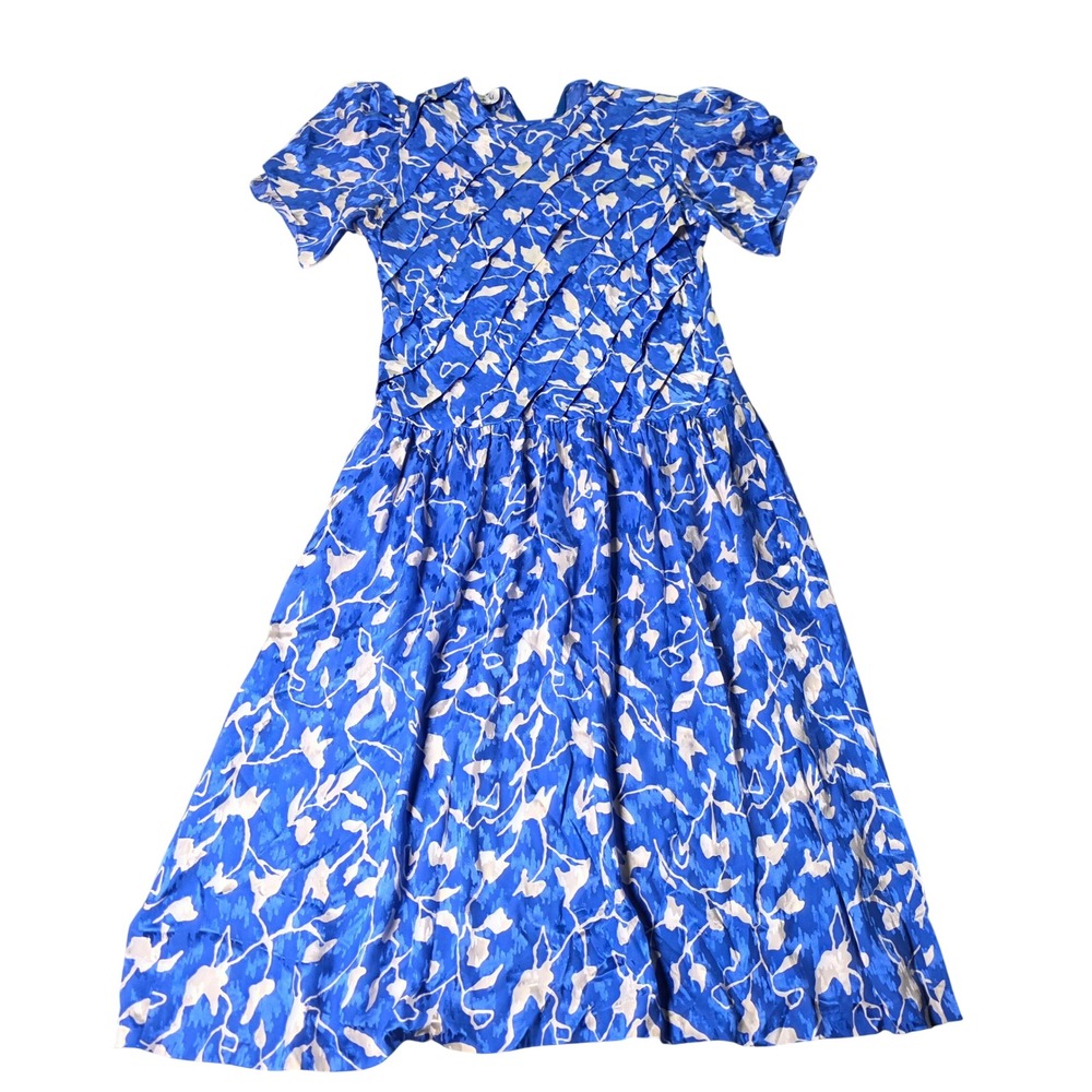 Carole M. Studio Womens 12 Midi Dress Blue Silk Floral Pleated Vintage 80s